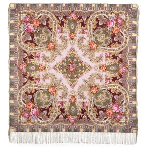 Pavlovoposadsk huivi. Salaperäinen muotokuva. Oliivi vaaleanpunaisella ja viininpunaisella. Silkkihapsut, 125*125 cm