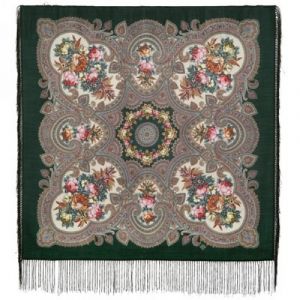 Pavlovo Posad Shawl. Rendez-vous with the Summer. Dark Green. Silk Fringe, 89*89 cm